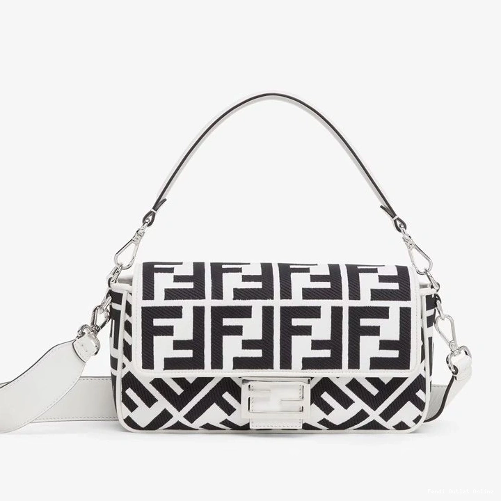 Affordable Medium Canvas Motif Baguette Fendi In Black Bag White FF 0722